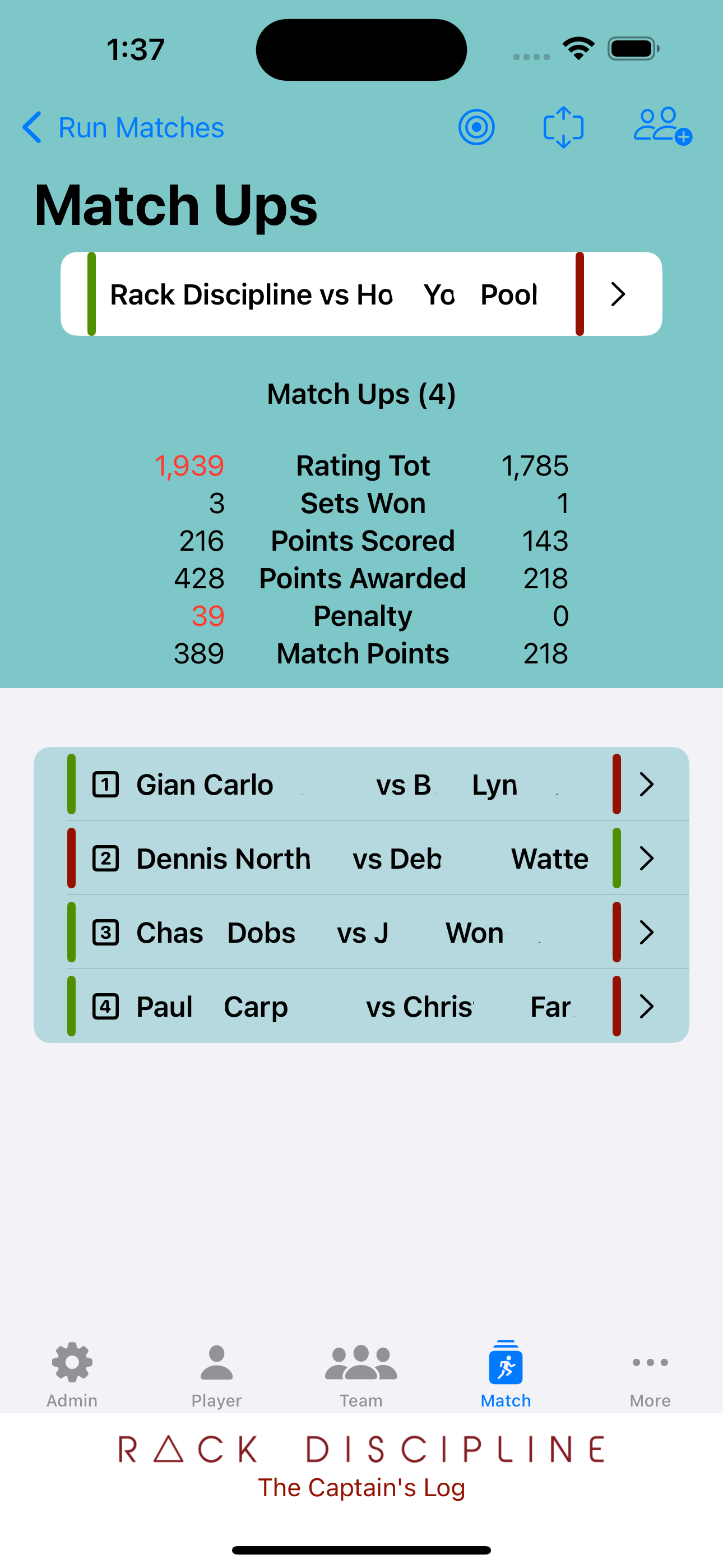Match ups view